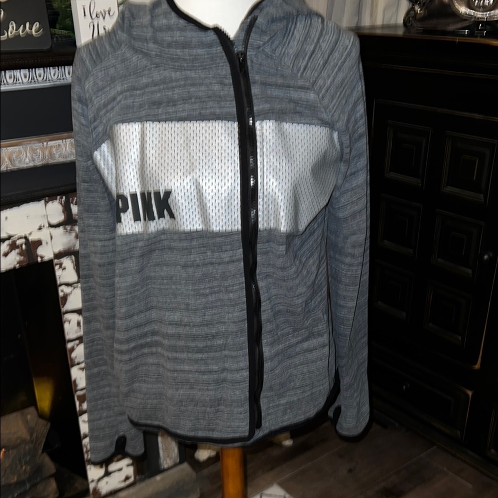 PINK Gray and Black Zip-Up Hoodie